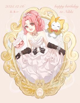 Rule 34 | 1girl, absurdres, ahoge, bead necklace, beads, birthday cake, black gloves, boots, bow, bow choker, bowtie, bracelet, brown boots, brown eyes, cake, chinese commentary, choker, cloak, collarbone, commentary request, cowboy shot, curtsey, dress, drill hair, ear covers, elbow gloves, eyelashes, flower, flower bracelet, flower dress, food, gloves, happy, highres, hood, hood up, hooded cloak, jewelry, long hair, loose gloves, mirror, momo (nikki), multi-tied hair, necklace, nikki (nikki), nikki (series), open mouth, parted bangs, pink hair, ponytail, red bow, red bowtie, ringlets, rose, shining nikki, sidelocks, silky sweet dream (shining nikki), simple background, smile, standing, strapless, strapless dress, tiara, traditional bowtie, whiskers, white bow, white bowtie, white choker, white dress, white flower, white rose, yellow cloak, ziyanhaoxianrr