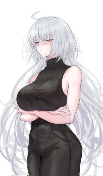 1girl ahoge bare_shoulders black_dress blush breasts crossed_arms dress fate/grand_order fate_(series) grey_hair highres jeanne_d&#039;arc_alter_(fate) large_breasts long_hair looking_at_viewer penguintake pout solo very_long_hair yellow_eyes