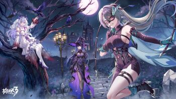 3girls armpit_crease bare_shoulders belt black_bodysuit black_hat black_pantyhose blue_eyes bodysuit breasts castle collarbone detached_sleeves dress earrings finger_to_mouth floating_hair gloves green_hair hair_between_eyes halloween halloween_costume happy_halloween hat high_heels highres holding honkai_(series) honkai_impact_3rd index_finger_raised jewelry large_breasts long_hair looking_at_viewer mask multiple_girls night night_sky official_alternate_costume official_art on_tree outdoors pantyhose parted_lips pink_pupils purple_dress purple_footwear purple_gloves purple_hair raiden_mei raiden_mei_(apho) raiden_mei_(halloween_2024) red_eyes shushing sideboob sidelocks single_leg_bodysuit sitting sky smile teeth theresa_apocalypse theresa_apocalypse_(halloween_2024) theresa_apocalypse_(schicksal&#039;s_imperative) thigh_belt thigh_strap veil very_long_hair vita_(halloween)_(honkai_impact) vita_(honkai_impact) white_dress white_hair white_pantyhose white_sleeves white_veil witch_hat yellow_pupils