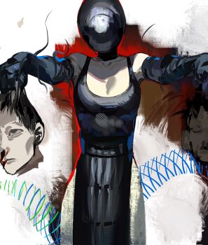 1girl apron avandee11949 bare_shoulders black_apron black_choker black_dress black_gloves blood blood_from_mouth bomb_devil_(chainsaw_man) breasts chainsaw_man choker cleavage cowboy_shot dress elbow_gloves gloves highres holding_detached_head long_dress medium_breasts nosebleed pale_skin pelvic_curtain reze_(chainsaw_man)