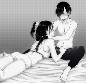 1boy 1girl ass barefoot bed_sheet boku_no_kokoro_no_yabai_yatsu breasts closed_mouth clothes_pull collarbone commentary_request dolphin_shorts feet grabbing_another&#039;s_hair greyscale hand_in_another&#039;s_hair hetero holding_another&#039;s_hair ichikawa_kyoutarou large_breasts long_hair lying median_furrow monochrome narumi_(62rimi) navel on_stomach pants pants_pull pulling_another&#039;s_clothes short_hair short_shorts shorts shoulder_blades sitting sports_bra thighs topless_male yamada_anna