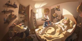 2girls absurdres alice_margatroid ascot barefoot bedroom black_vest blue_dress blue_eyes book book_stack bow bowl boxcutter braid broom capelet chair chopsticks crystal cup curtains day desk door dress erlenmeyer_flask fisheye flask green_bow hair_bow highres holding holding_tray ice_pack indoors kinoko_(kino2435006) kirisame_marisa long_hair long_sleeves lying magnifying_glass mini-hakkero mug multiple_girls mushroom on_back on_bed pillow radio red_ascot round-bottom_flask scroll shanghai_doll shelf shirt short_hair sick side_braid silk single_braid spider_web test_tube test_tube_rack touhou tray under_covers unworn_vest vest white_capelet white_shirt window