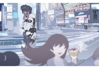 1girl 3others assault_rifle black_gloves black_helmet black_mask brown_eyes building city faceless faceless_female gloves goddess_of_victory:_nikke goggles grey_pants gun helmet highres hood hoodie letterboxed long_hair long_sidelocks long_sleeves looking_at_viewer looking_back multiple_others night_vision_device outdoors pants pupupuplus purple_hair rifle road sidelocks soldier_eg_(nikke) street tactical_clothes teeth_print_mask two-tone_mask weapon white_hoodie white_mask