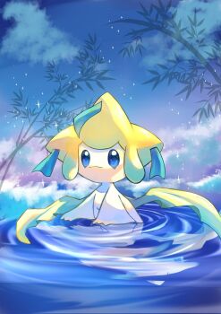 :3 bamboo blue_eyes caramel_pkmn cloud commentary_request gen_3_pokemon gradient_sky hashtag-only_commentary highres jirachi legendary_pokemon looking_at_viewer mythical_pokemon night night_sky nintendo no_humans outdoors pokemon pokemon_(creature) purple_sky sky smile star_(sky) starry_sky wading water