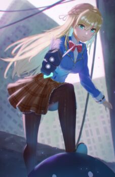 1girl absurdres aiming aiming_at_viewer aqua_eyes backlighting black_pantyhose blonde_hair blue_jacket blurry blurry_background bow bowtie braid breasts brown_skirt building collared_shirt commentary day eyes_visible_through_hair fighting_stance floating_hair flowingcrescent foot_out_of_frame frilled_skirt frills gun hair_between_eyes hair_ribbon half_up_braid heaven_burns_red highres holding holding_gun holding_hands holding_weapon jacket large_breasts leaning_forward long_hair long_sleeves looking_at_viewer miniskirt narby_(heaven_burns_red) outdoors pantyhose parted_lips plaid_clothes plaid_skirt pleated_skirt red_bow red_bowtie ribbon shirt skirt smile solo standing striped_clothes striped_pantyhose toujou_tsukasa v-shaped_eyebrows vertical-striped_clothes vertical-striped_pantyhose very_long_hair weapon white_ribbon white_shirt