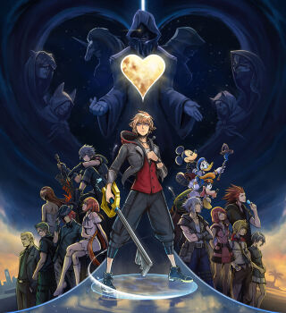6+boys 6+girls :d absurdres aced_(kingdom_hearts) animal_ear_hood animal_ears arm_on_knee arm_support arms_behind_back ava_(kingdom_hearts) bare_shoulders bear_mask beard belt belt_buckle black_belt black_boots black_coat_(kingdom_hearts) black_eyes black_gloves black_jacket black_pants black_ribbon black_shirt black_shoes blonde_hair blue_eyes blue_hat blue_jacket blue_pants blue_ribbon boots breasts brown_hair buckle building buttons carrying center_frills chain chain_necklace character_request charm_(object) checkered_wristband city cityscape cloak closed_mouth collarbone commentary covered_eyes crossed_arms crossed_legs crown_(symbol) crown_necklace denim detached_collar dog_boy donald_duck double-breasted dress duck_boy everyone evil_smile facial_hair fake_animal_ears fingerless_gloves food formal_clothes fox_mask frills furry furry_male glasses gloves glowing glowing_eye goggles goggles_on_head goofy gradient_sky green_eyes green_hair green_necktie gula_(kingdom_hearts) hair_ornament hair_ribbon hair_slicked_back hands_in_pockets hat heart heart-shaped_moon highres holding holding_food holding_key holding_popsicle holding_staff holding_sword holding_weapon hood hood_up hooded_cloak hooded_jacket ice_cream_bar ira_(kingdom_hearts) jacket jeans jewelry kairi_(kingdom_hearts) key keyblade kingdom_hearts kingdom_hearts_ii kingdom_hearts_iii kingdom_hearts_iv kingdom_hearts_x kingdom_hearts_x_back_cover kingdom_key lace lace-trimmed_dress lace_trim lea_(kingdom_hearts) leopard_mask light_particles long_hair looking_ahead looking_at_another looking_at_viewer low_twintails luxord luxu_(kingdom_hearts) mage_staff mask master_of_masters mature_male medium_hair mickey_mouse mickey_mouse_&amp;_friends mickey_mouse_ears miniskirt mouse_ears mouse_tail mouth_veil multiple_boys multiple_girls muscular muscular_male necklace necktie ocean open_mouth orange_hair orange_sky palm_tree pants piggyback pink_dress planted planted_sword planted_weapon pleated_skirt popsicle red_hair red_pants red_shirt red_trim ribbon richard_vincent_shields riku_(kingdom_hearts) roxas shiny_skin shirt shoes shooting_star short_dress short_hair shoulder_blades sitting skirt sky skyscraper sleeveless sleeveless_dress sleeveless_shirt smile smirk snake_mask sora_(kingdom_hearts) sparkle spiked_hair staff standing star_(sky) starry_sky strelitzia_(kingdom_hearts) suit sword tail tree trilby twintails undershirt unicorn_mask veil very_long_hair watch weapon white_boots white_dress white_jacket white_shirt white_skirt wristband wristwatch x_hair_ornament xion_(kingdom_hearts) yellow_eyes yellow_hat yozora_(kingdom_hearts)