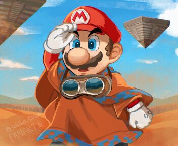 1boy big_nose blue_eyes brown_hair brown_robe desert facial_hair floating floating_object gloves goggles hat highres mario mario_(series) mustache nintendo official_alternate_costume pyramid_(structure) red_hat red_shirt robe sasaki_sakiko shirt solo the_super_mario_galaxy_movie white_gloves