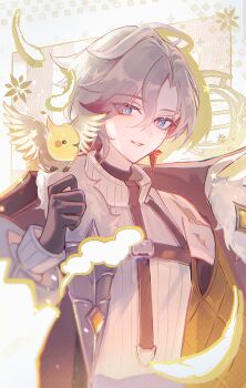 1boy absurdres bird black_gloves blue_eyes coat earrings genshin_impact gloves grey_hair hair_between_eyes hashtag-only_commentary highres illuga_(genshin_impact) jewelry male_focus mole mole_under_eye muimi575 multicolored_hair red_hair scar scar_on_shoulder short_hair single_earring solo sweater turtleneck turtleneck_sweater upper_body white_sweater