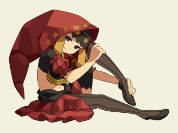 1girl anime_coloring archived_source black_shirt black_shoes black_veil blonde_hair breasts brown_thighhighs collar cropped_shirt cup detached_hood fingernails flats frilled_shirt frills full_body hand_on_own_leg hood hood_up itsumo_nokoru lace-trimmed_veil lace_trim lips liripipe long_hair looking_at_viewer medium_breasts midriff navel nose odin_sphere print_hood print_veil puff_and_slash_sleeves puffy_sleeves purple_eyes red_collar red_sarong red_sleeves sarong see-through_clothes see-through_thighhighs shirt shoes sidelocks simple_background solo split_mouth star_(symbol) star_print striped_clothes striped_thighhighs thighhighs vanillaware veil velvet_(odin_sphere) vertical-striped_clothes vertical-striped_thighhighs yellow_background