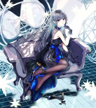 1girl abstract_background absurdres alternate_costume bare_shoulders black_dress black_gloves black_hair blue_bow blue_choker blue_eyes blunt_bangs bow brown_pantyhose choker couch dress from_side full_body gloves hair_bow hand_up hayase_illusut highres long_hair looking_at_viewer pantyhose parted_lips shoes solo strapless strapless_dress tile_floor tiles unworn_shoes waist_bow yahari_ore_no_seishun_lovecome_wa_machigatteiru. yukinoshita_yukino
