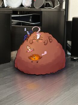 ahoge animal_ears animal_focus animalization awooogie beak blush bow brown_hair closed_eyes commentary crown ear_ribbon ear_wiggle english_commentary hair_between_eyes hairband meisho_doto_(umamusume) mini_crown multicolored_hair musical_note open_mouth orange_hair photo-referenced pink_crown recursive_animalization sheep smile t.m._opera_o_(umamusume) umamusume white_hair wings wool