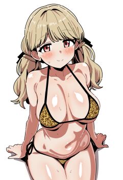1girl absurdres animal_print bare_shoulders bikini blonde_hair blush breasts highres iwano_kenta kogara_toto large_breasts leopard_print leopard_print_bikini long_hair looking_at_viewer navel print_bikini red_eyes side-tie_bikini_bottom simple_background sitting smile solo swimsuit twintails vspo! white_background