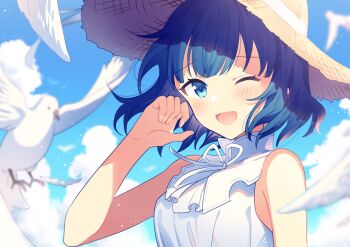 1girl ;d bare_arms bird blue_eyes blue_hair blue_sky blurry blurry_background blurry_foreground blush breasts cloud colorful_festival_(project_sekai) commentary_request day depth_of_field dress hand_up hat high_collar kiritani_haruka looking_at_viewer medium_breasts neck_ribbon official_alternate_costume official_alternate_hairstyle one_eye_closed open_mouth outdoors partial_commentary project_sekai raised_inner_eyebrows ribbon short_hair sidelocks sinaooo sky sleeveless sleeveless_dress smile solo straw_hat sun_hat sundress upper_body white_bird white_dress white_ribbon