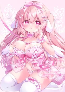 1girl :o animal_ears babydoll blush bow bow_legwear bow_panties breasts chiika_(cure_cherish) cleavage collar collarbone commentary_request floral_background foot_out_of_frame frilled_babydoll frilled_collar frilled_thighhighs frilled_wristband frills hair_between_eyes hair_bow hair_ornament heart heart_hair_ornament large_breasts leash lingerie long_hair looking_at_viewer midriff navel open_mouth original panties pink_babydoll pink_eyes pink_hair pink_panties rabbit_ears see-through_clothes seiza sitting solo strap_slip thighhighs two_side_up underwear very_long_hair white_thighhighs white_wings wings
