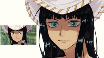 1girl black_hair blue_eyes blunt_bangs close-up closed_mouth commentary_request cowboy_hat derivative_work h074m hat highres korean_commentary medium_hair nico_robin nico_robin_(skypiea) one_piece portrait screenshot_redraw simple_background skypiea solo white_background white_hat