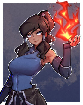 1girl absurdres armpits artist_name avatar_legends bare_shoulders blue_background blue_eyes blue_shirt blue_sleeves border breasts brown_hair closed_mouth dark-skinned_female dark_skin detached_sleeves fire hair_tubes highres korra large_breasts lips long_hair looking_at_viewer outline ponytail pyrokinesis shirt solo the_legend_of_korra upper_body white_border white_outline yutakke