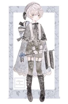 1girl aoyagi874 back_bow banner beret blush bob_cut boots border bow buttons cape capelet commentary_request cross english_text flag floral_border floral_print full_body garter_straps gloves grey_eyes hair_ribbon hat highres holding holding_flag lace_trim large_ribbon long_sleeves looking_at_viewer muted_color necktie original own_hands_together painting_(medium) ribbon solo standing straight-on thighhighs traditional_media watercolor_(medium) white_background