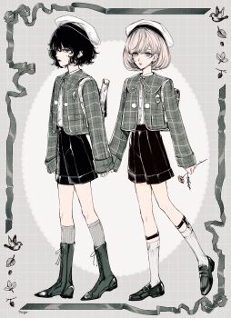 Rule 34 | 2boys, absurdres, bishounen, black footwear, black hair, black shorts, boots, flower, green footwear, green jacket, hago 46, hat, highres, holding, holding flower, holding hands, jacket, legwear garter, multiple boys, open clothes, open jacket, original, plaid clothes, plaid jacket, school uniform, shorts, socks, trap, white hat, white socks, yaoi