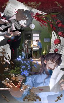 2boys absurdres black_pants black_shirt blood blood_on_clothes blood_on_hands blood_splatter blue_eyes blue_flower blue_sweater broken_vase brown_hair bug butterfly chair clock coat coat_on_shoulders collared_shirt commission cup curtains door flower formal_clothes grin gun hair_between_eyes handgun highres holding holding_cup holding_gun holding_letter holding_paper holding_weapon indoors insect jacket jewelry lamp leaf letter long_hair long_sleeves lying male_focus mau_sakura multiple_boys multiple_views necktie on_back original painting_(object) pants paper parted_lips picture_frame plant ponytail red_flower red_necktie red_rose ring rose shards shirt short_hair sidelocks skeb_commission smile standing suit sweater table teeth turtleneck turtleneck_sweater vase vines weapon white_coat white_jacket white_pants window