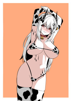 1girl absurdres animal_print arknights arms_up bell bikini blush border breasts choebal1356201 collar commentary_request cow_print cow_print_bikini cow_print_gloves cow_print_thighhighs cowboy_shot demon_girl demon_horns elbow_gloves gloves highres horns huge_breasts material_growth mudrock_(arknights) navel neck_bell o-ring_bikini_bottom orange_background oripathy_lesion_(arknights) outside_border print_bikini print_gloves print_thighhighs raised_inner_eyebrows red_collar red_eyes simple_background skirt solo swimsuit thigh_gap thighhighs wavy_mouth white_border white_hair