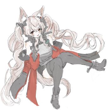 Rule 34 | 1girl, :d, angelina (arknights), animal ear fluff, animal ears, arknights, arknights: endfield, black boots, black thighhighs, blush, boots, breasts, brown hair, coat, commentary, double v, dress, fold-over boots, fox ears, fox girl, fox tail, full body, gilberta (arknights), grey dress, hands on own face, headpiece, high collar, highres, knees together feet apart, long hair, looking at viewer, mashiro (mashilolicon), medium breasts, muted color, off shoulder, open clothes, open coat, open mouth, red coat, red eyes, short dress, sleeveless, sleeveless dress, smile, solo, tail, thighhighs, twintails, v, very long hair