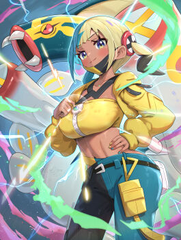 1girl absurdres aqua_hair bandeau black_mask blonde_hair blue_eyes blue_skin blush breasts canari_(pokemon) closed_mouth colored_sclera colored_skin commentary_request criss-cross_straps dark-skinned_female dark_skin eel eelektross fangs fish gen_5_pokemon gonzarez highres jacket lamprey large_breasts long_sleeves mask mask_pull mega_eelektross mega_pokemon mega_stone mouth_mask multicolored_hair multicolored_skin navel nintendo open_mouth pants pokemon pokemon_(creature) pokemon_legends:_z-a red_sclera short_twintails smile split-color_clothes split-color_hair sports_bra twintails two-tone_hair two-tone_mask two-tone_pants two-tone_skin white_skin yellow_bandeau yellow_jacket yellow_mask yellow_sports_bra