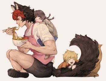 1girl 2boys animal_ear_fluff animal_ears black_hair black_shirt black_shorts black_slippers blonde_hair blue_pants bowl braid brown_hair brown_shoes child chopsticks closed_eyes cross-laced_clothes cross-laced_sleeves crossed_legs dog_boy dog_ears eating food from_side grey_background hand_on_another&#039;s_shoulder heart heart_print highres holding holding_bowl komano_manato long_hair multicolored_hair multiple_boys muscular muscular_male noodles open_mouth orange_shirt pants person_on_back person_on_tail ramen red_hair reiiterihehe scar scar_across_eye scar_on_face shirt shoes short_hair shorts sitting slippers smock white_shirt zenless_zone_zero