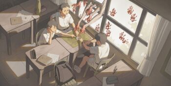 3boys absurdres backpack bag belt bloody_handprints chair chinese_commentary collared_shirt commentary_request curtains die_xian disembodied_hand from_above handprint head_rest highres horror_(theme) indoors male_focus mayozom multiple_boys original school_uniform shirt short_hair shorts table unworn_backpack unworn_bag watch white_shirt white_shorts window wristwatch