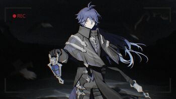 1boy antenna_hair arm_up belt black_belt black_capelet black_coat black_gloves blue_hair capelet coat commentary crossed_bangs double-parted_bangs english_commentary flins_(genshin_impact) genshin_impact gloves gradient_hair grey_pants highres holding holding_lantern lantern long_sleeves male_focus multicolored_hair night night_sky outdoors pants sky solo standing thigh_belt thigh_strap viewfinder white_hair wing_collar yiyiyiyi670