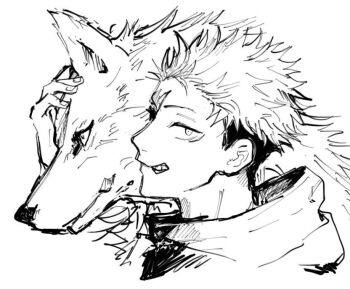 1boy hand_on_animal hood hood_down injury itadori_yuuji jujutsu_kaisen looking_at_viewer male_focus nigi scar scar_on_face scar_on_mouth short_hair undercut wolf