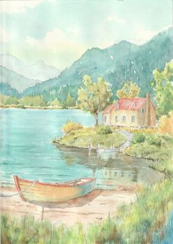 boat building commentary_request day forest highres hill house lake landscape mountainous_horizon nature no_humans original outdoors painting_(medium) paruperu reflection reflective_liquid scenery sky traditional_media water watercolor_(medium) watercraft