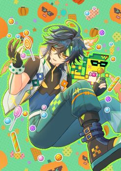 1boy absurdres ajaw_(genshin_impact) aqua_pants black_gloves black_hair blonde_hair candy commentary_request earrings fingerless_gloves food genshin_impact gloves green_eyes green_hair green_headband hair_between_eyes headband highres holding holding_candy holding_food holding_lollipop jacket jewelry kinich_(genshin_impact) liu_(erzplubdduik93g) lollipop male_focus multicolored_hair multicolored_shirt open_mouth pants solo striped_headband white_jacket