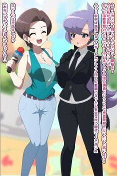 2girls alternate_breast_size anabel_(pokemon) blush breasts breasts_squeezed_together brown_hair curvy gabby_(pokemon) highres holding holding_microphone low_ponytail microphone multiple_girls nintendo open_mouth outdoors pokemon pokemon_oras pokemon_sm ponytail reporter smile wide_hips yugo-eti