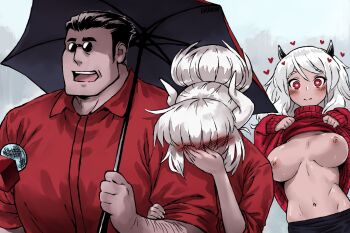 1boy 2girls arm_hair blush breasts clothes_lift embarrassed facepalm flashing glasses haraya_manawari heart heart-shaped_pupils helltaker helltaker_(character) holding holding_umbrella horns interview lucifer_(helltaker) meme microphone modeus_(helltaker) multiple_girls nipples open_mouth pince-nez rain red_sweater shared_umbrella sleeves_rolled_up special_feeling_(meme) sunglasses sweater symbol-shaped_pupils turtleneck turtleneck_sweater umbrella white_hair white_horns