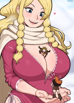 Rule 34 | 1boy, 2girls, afrobull, between breasts, black hair, blonde hair, blue eyes, braid, braided sidelock, breasts, carrying, carrying person, fake horns, gerd (one piece), giant, giantess, helmet, highres, horned helmet, horns, large breasts, monkey d. luffy, multiple girls, nami (one piece), nami (one piece) (elbaf), one piece, orange hair, size difference, viking helmet