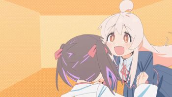 +_+ 6+girls ahoge animated animated_gif balloon blush breasts brown_hair closed_eyes closed_mouth dot_nose double_bun fake_phone_screenshot fake_screenshot fang genderswap genderswap_(mtf) green_eyes hair_bun hair_ornament hairclip happy harusaming holding_hands hozuki_kaede hozuki_momiji lab_coat large_breasts long_hair looking_at_another multicolored_hair multiple_girls oka_asahi onii-chan_wa_oshimai! open_mouth orange_background own_hands_clasped oyama_mahiro oyama_mihari school_uniform shoes siblings sisters skirt smile spinning standing taking_picture teeth