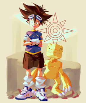 Rule 34 | 1boy, absurdres, agumon, brown hair, character request, digimon, digimon (creature), digimon adventure, dinosaur, full body, gloves, hiffuu, highres, loose socks, shoes, short sleeves, sneakers, socks, spiked hair, standing, white gloves