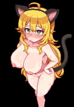 1girl ahoge animal_ear_headwear animal_ears animated animated_gif blinking blonde_hair blush bouncing_breasts breasts cat_ears closed_mouth collarbone completely_nude fake_animal_ears green_eyes hand_on_own_hip heart heart-shaped_pupils hoshii_miki hothot148 idolmaster idolmaster_(classic) large_breasts long_hair looping_animation navel nipples nude pixel_art smile solo standing steam sweat symbol-shaped_pupils third-party_edit transparent_background very_long_hair