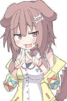 1girl animal_ears bone_hair_ornament braid breasts brown_eyes brown_hair cartoon_bone commentary dog_ears dog_girl dog_tail hair_ornament highres hololive inugami_korone inugami_korone_(1st_costume) jacket large_breasts solo tail twin_braids umberblack virtual_youtuber white_background yellow_jacket