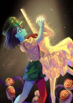 2girls ballerina black_hair blue_eyes blue_skin blunt_bangs blunt_ends bob_cut colored_skin commentary dancing dress drooling_blood ena:_dream_bbq ena_(dream_bbq) ena_(series) ena_(species) green_hat hangover_ena hat highres multicolored_skin multiple_girls red_skin shirt short_sleeves shorts spatulady_(ena) suspender_shorts suspenders symbol-only_commentary two-tone_skin usagimarumei