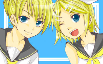 1boy 1girl black_sailor_collar blonde_hair blue_background blue_eyes closed_mouth commentary_request hair_ornament hairclip kagamine_len kagamine_rin looking_at_viewer neckerchief one_eye_closed open_mouth sailor_collar shirt short_hair sleeveless sleeveless_shirt smile suzuki_yuuma upper_body vocaloid white_shirt yellow_neckerchief