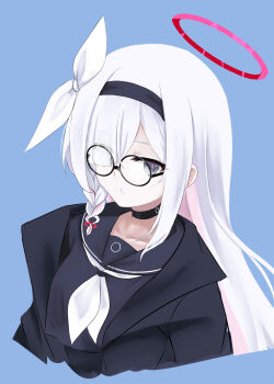 1girl bespectacled black_jacket black_shirt blue_archive blue_background closed_mouth commentary cropped_torso english_commentary glasses grey_eyes hairband halo highres jacket kertaspata long_hair looking_at_viewer plana_(blue_archive) round_eyewear school_uniform shirt simple_background solo white_hair