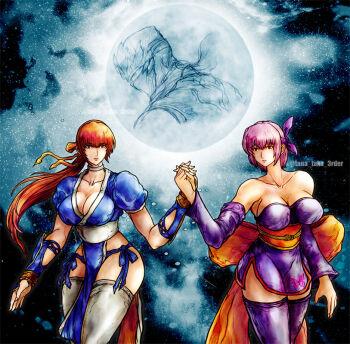 1boy 2girls ayane_(doa) breasts brown_hair cleavage dead_or_alive detached_sleeves dress holding_hands kasumi_(doa) long_hair moon multiple_girls ninja_gaiden pelvic_curtain ponytail purple_hair ryu_hayabusa short_dress short_hair short_sleeves siblings sisters tana_taka_3rder wide_hips