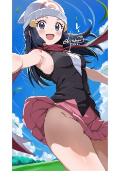 1girl absurdres beanie blush commission commissioner_upload dawn_(pokemon) hair_ornament hairclip hat highres kitahara_tomoe_(kitahara_koubou) leaf nintendo no_panties non-web_source outdoors outstretched_arms pink_skirt pokemon pokemon_dppt red_scarf scarf skeb_commission skirt smile solo white_hat