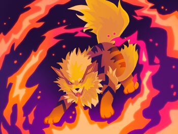 animal_focus arcanine breath_weapon breathing_fire fangs fangs_out fire full_body gen_1_pokemon highres kuroosawaa nintendo no_humans open_mouth orange_fur pokemon pokemon_(creature) pokemon_focus solo tail
