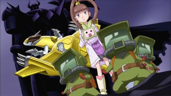 Rule 34 | amano nene (digimon xros wars), backpack, bag, belt, boots, brown hair, cape, coat, darkknightmon, digimon, digimon (creature), digimon xros wars, energy gun, highres, horns, looking at viewer, monimon, monitamon, ninja, purple eyes, ray gun, sakutekimonitamon, screencap, sparrowmon, weapon, wings