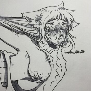 1girl absurdres ahegao animal_ears arm_pull armpits arms_behind_back bandages bonfire_kiss_74 breasts crossed_bandaids crying crying_with_eyes_open ears_down fox_ears fox_girl grabbing_another&#039;s_hair highres holding_another&#039;s_hair large_breasts long_hair looking_up pasties sliva tape tape_on_nipples tears upper_body