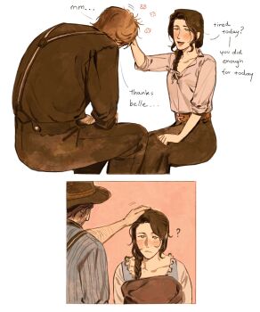 ... 1boy 1girl :&lt; ? arthur_morgan back beard_stubble belle_(kunnuscumnus) belt black_hat black_pants black_shirt black_skirt blonde_hair blue_eyes blue_shirt blush braid brown_belt brown_hair character_name commentary cowboy cowboy_hat cowboy_western cropped_legs drawn_flower elbow_on_thigh english_commentary english_text facial_hair hair_over_shoulder hair_ribbon hand_on_another&#039;s_head hand_on_own_thigh hat headpat hetero highres invisible_chair kunnuscumnus long_skirt looking_at_another lower_teeth_only multiple_views no_sclera open_mouth original pants red_dead_redemption_(series) red_dead_redemption_2 ribbon shirt short_hair side_part single_braid sitting skirt sleeves_rolled_up smile striped_clothes striped_shirt stubble suspenders teeth tongue vertical-striped_clothes vertical-striped_shirt wavy_ends western white_background white_ribbon white_shirt