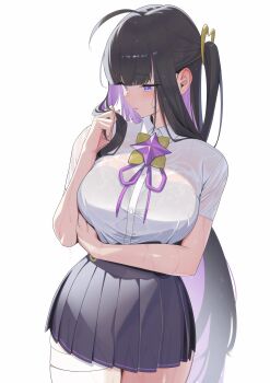 Rule 34 | 1girl, absurdres, ahoge, arm under breasts, black hair, black skirt, bra visible through clothes, breasts, chitose (stella sora), commentary, cowboy shot, embarrassed, highres, jirari, large breasts, long hair, looking down, playing with own hair, pleated skirt, purple eyes, purple hair, school uniform, see-through clothes, see-through shirt, shirt, side ponytail, simple background, skirt, solo, stella sora, very long hair, wet, wet clothes, wet shirt, white background, white shirt