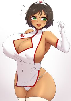 1girl absurdres arm_under_breasts armpits breasts brown_hair challengia china_dress chinese_clothes cleavage cleavage_cutout clothing_cutout covered_erect_nipples covered_navel dark-skinned_female dark_skin dress elbow_gloves embarrassed gloves green_eyes hair_ornament highres honchan large_breasts looking_to_the_side mistynight nchans nchans_style open_mouth panicking panties revealing_clothes short_dress short_hair sideboob simple_background skindentation standing sweatdrop thighhighs underwear white_background white_gloves white_panties white_thighhighs